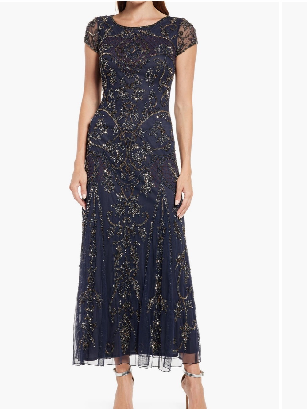 Pisarro Nights Beaded Mesh Midi Cocktail Dress Navy New Slate Sequin Beaded gown